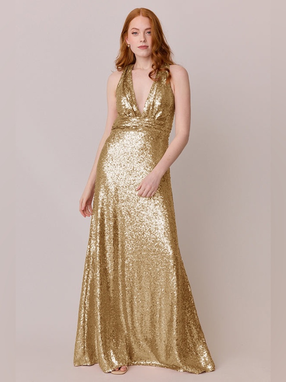Revelry Dylan Sequin Maxi Deep V Dress with Criss Cross Back in Gold.